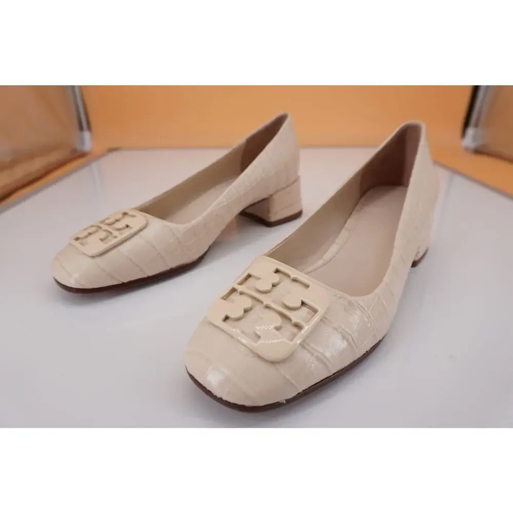 Tory Burch Georgia Square Toe Block Heel Pump SZ 5 New Cream Croc Leather Logo